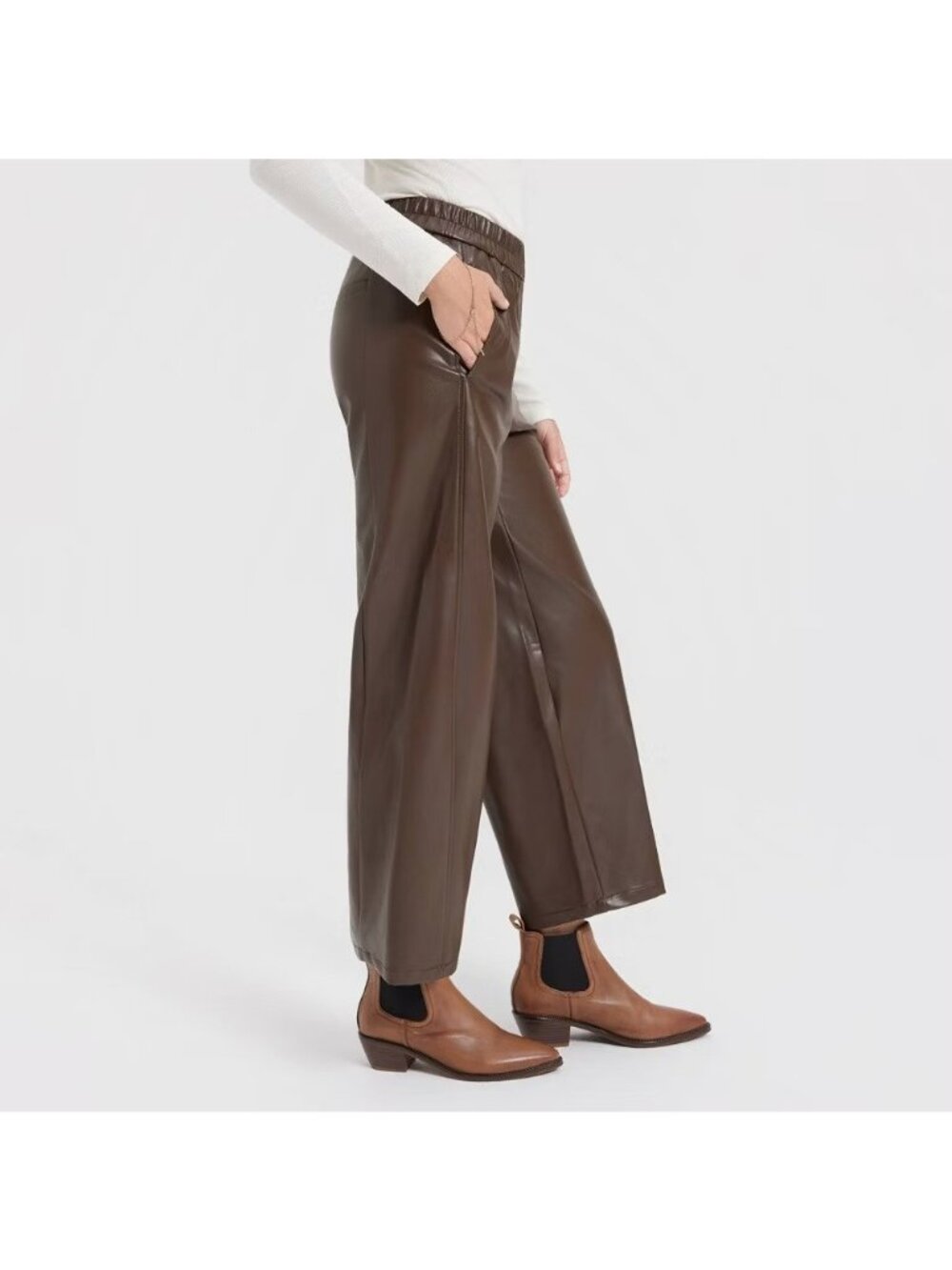 A New Day Brown Faux Leather Pants Pull on Ankle Length Barrel Leg -- Size Small - Picture 2 of 6